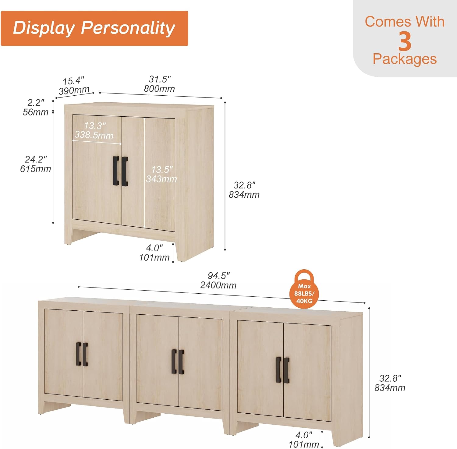 WAMPAT Farmhouse TV Stand for TVs up to 85 Inch, Rustic Wood Entertainment Center & Media Console with 6 Storage Doors, Accent Cabinet for Living Room, Hallway, Beige