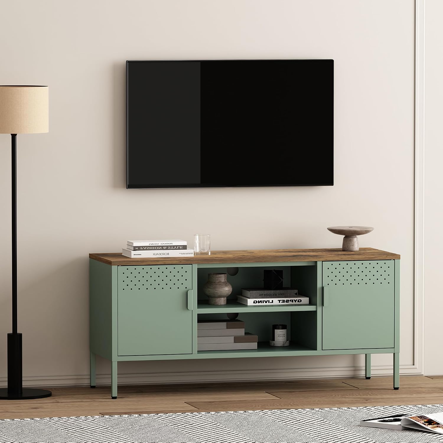 Manhattan Comfort Landen 47' Modern Metal TV Stand with Storage Cabinets & Open Shelves, Holds Up to 40' Screen, TV Console with Natural Wood Top, Cable Management, Adjustable Legs, Green