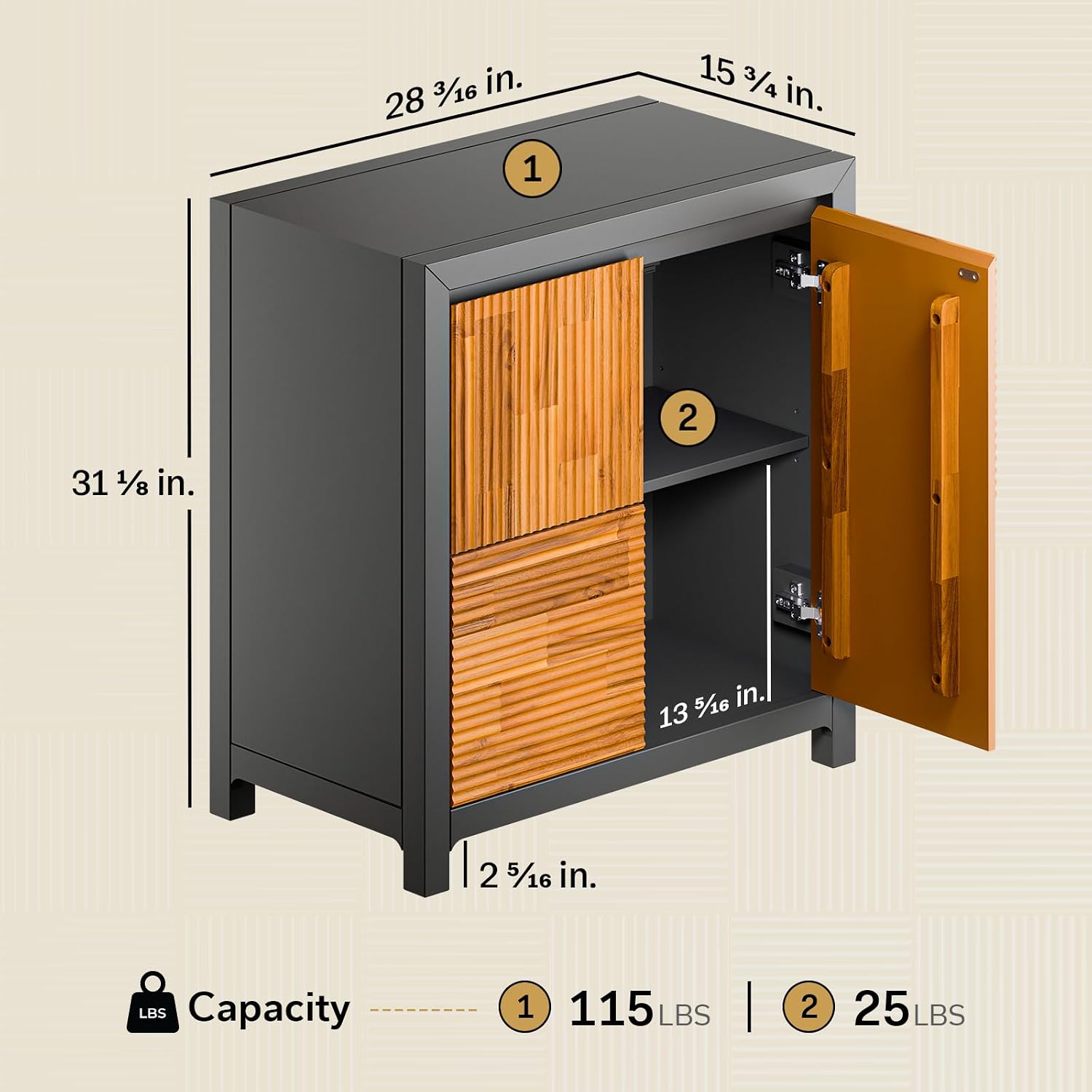 Bme Madia Accent Cabinet, Trendy Fluted Pattern Entryway Table with Storage with Convenient Soft-Close Doors, Solid Acacia Wood Frame with Adjustable Shelf and Legs, Fully Assembled