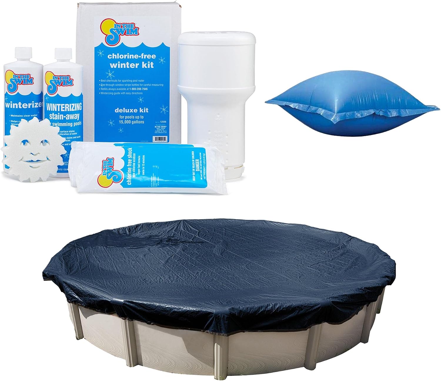 In The Swim Swimming Pool Winterization Bundle: Includes a 24' Round Economy Swimming Pool Winter Cover, 15k Gallon Pool Winter Closing Kit, and 4'x4' Air Pillow