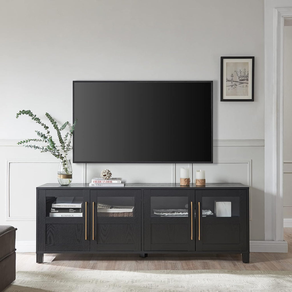 Henn&Hart TV Stand for TVs up to 75' with 2 Glass and Wood Split Panel Display Cabinets for Living Room, Family Room, or Office, Natural Black