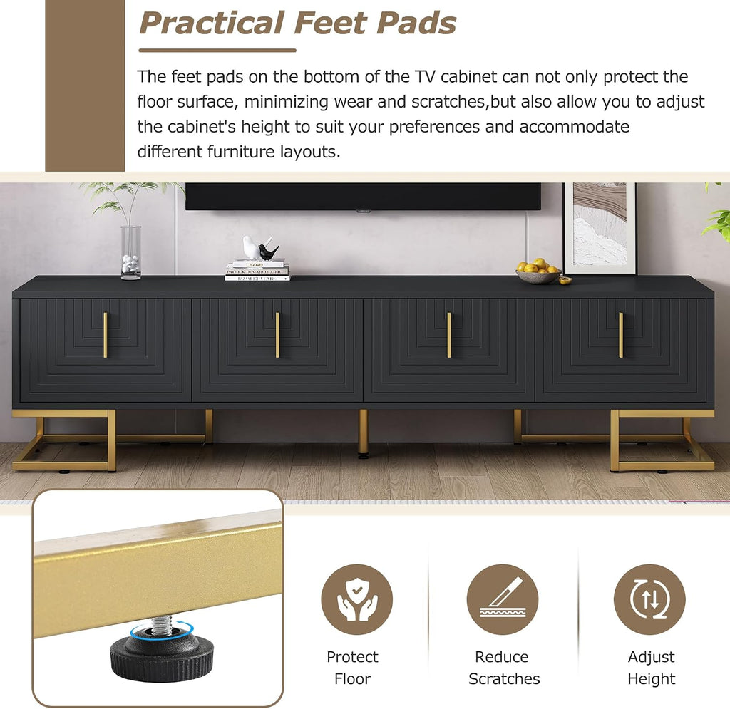 ON-TREND Modern TV Stand with Metal Legs and Gold Handles for TVs Up to 80'', Media Console Table with Cabinets and Adjustable Shelves, Luxury TV Cabinet with Geometric Lines for Living Room, Black
