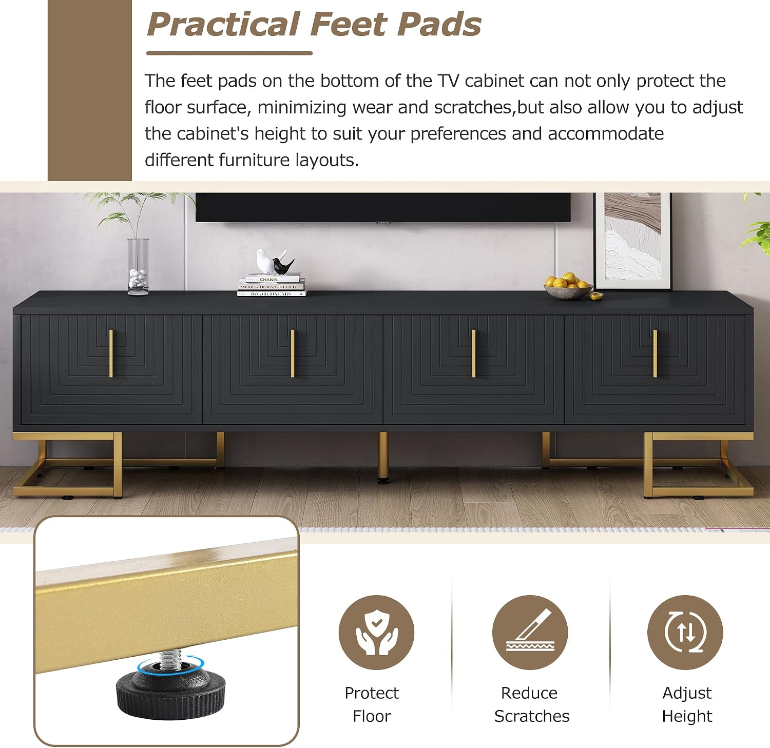 ON-TREND Modern TV Stand with Metal Legs and Gold Handles for TVs Up to 80'', Media Console Table with Cabinets and Adjustable Shelves, Luxury TV Cabinet with Geometric Lines for Living Room, Black