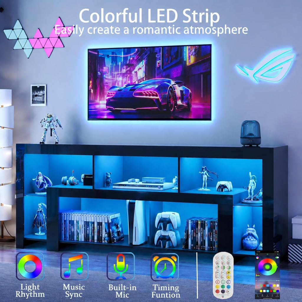 94.5' Fireplace TV Stand for TVs Up to 100', Gaming LED Entertainment Center, Modern High Gloss Media Console for Living Room, Glass Shelves & Open Storage, Black（no Fireplace）