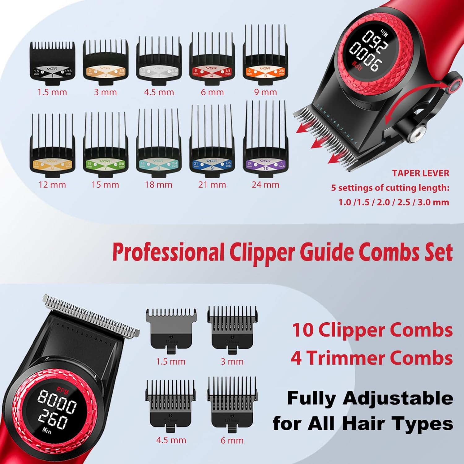 VGR 001 & 977 Professional Hair Clippers for Men, Cordless Barber Clippers and Zero Gap Trimmers Set, DLC Coating Blade Hair Cutting Kit with LED Display, USB Rechargeable Barber Set(Red)