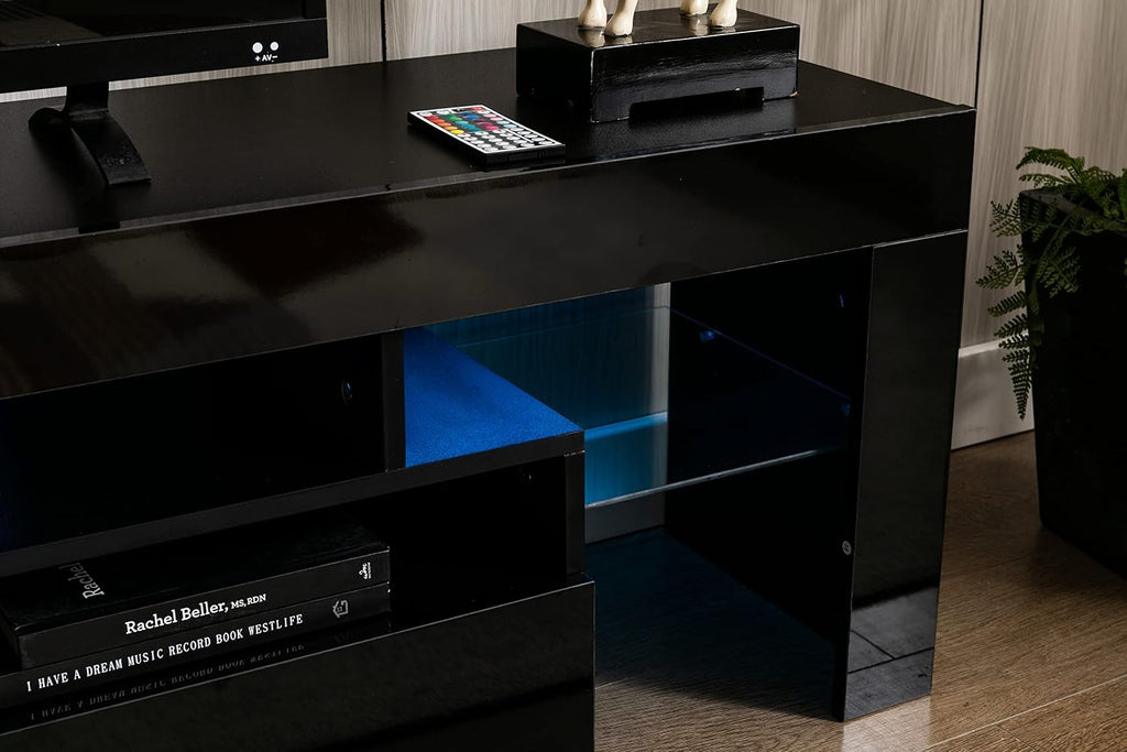 Squireewo TV Stand with 16 Color LED Lights, Media Console with Drawer and Glass Open Shelf for 60/65/70 inch TV, Modern Gloss Entertainment Center for Living Room, Black