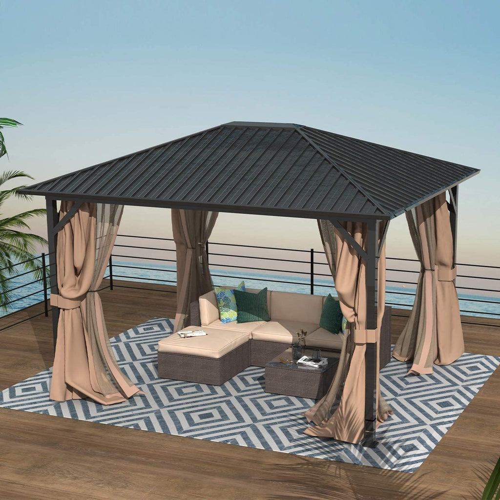 10'x12' Hardtop Gazebo, Permanent Metal Roof Gazebo with Galvanized Steel Frame & Single Roof, Outdoor Hard Top Gazebo with Nettings, Curtains and Hooks for Deck, Patio (Black)
