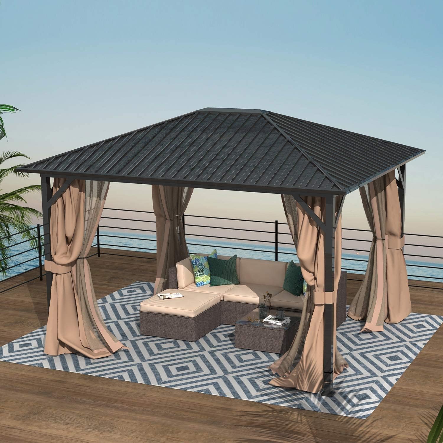 10'x12' Hardtop Gazebo, Permanent Metal Roof Gazebo with Galvanized Steel Frame & Single Roof, Outdoor Hard Top Gazebo with Nettings, Curtains and Hooks for Deck, Patio (Black)