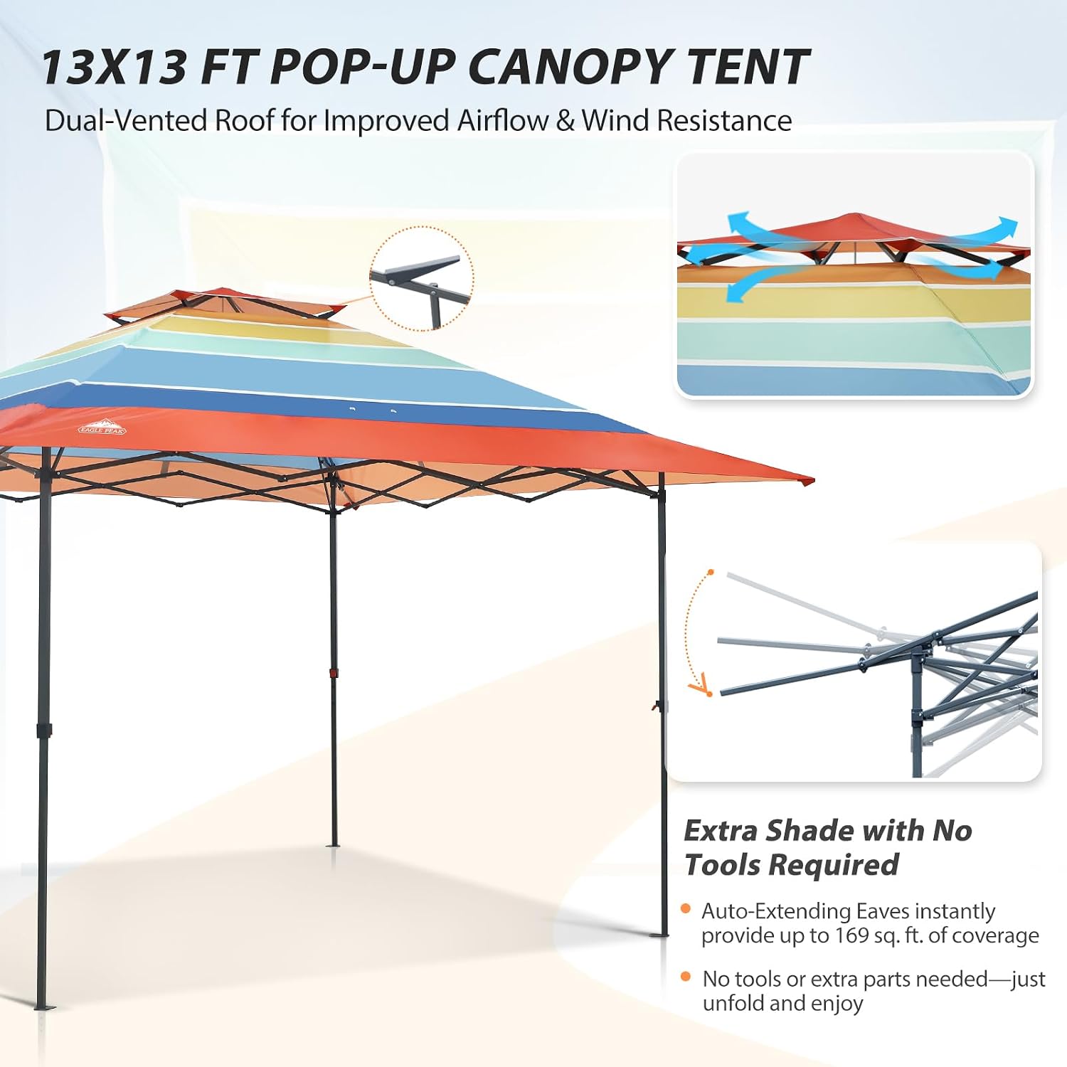 EAGLE PEAK 13x13 Straight Leg Pop Up Canopy Tent Instant Outdoor Canopy Easy Single Person Set up Folding Shelter w/Auto Extending Eaves 169 Square Feet of Shade (Retro Stripe Multi)