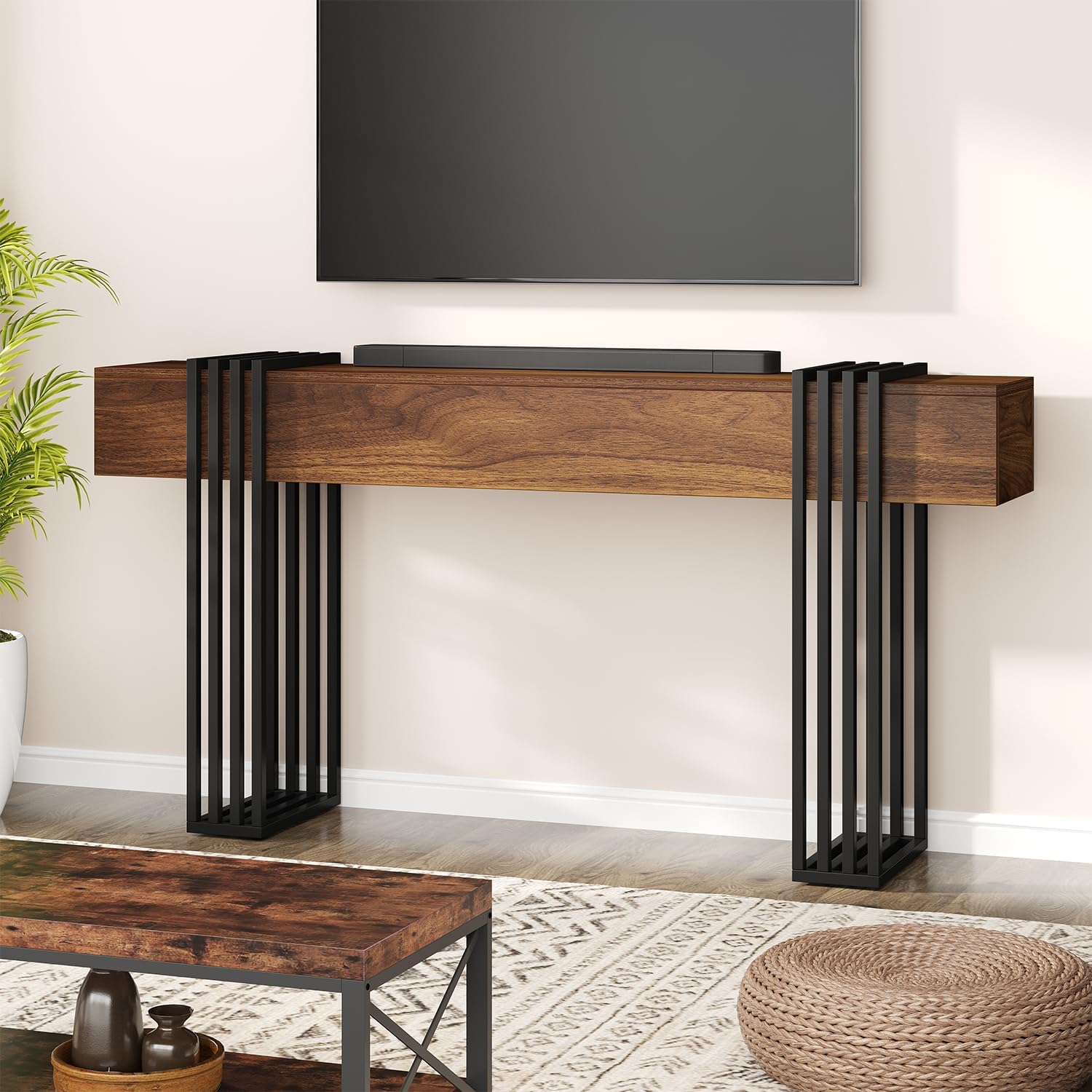 knoworld 63 Inch Long Console Table, Extra Thick Industrial Sofa Table Behind The Couch Rectangular Entryway Table for Entrance Hallway Living Room, Entire top Board & 4-Pipe Legs, Rustic Brown