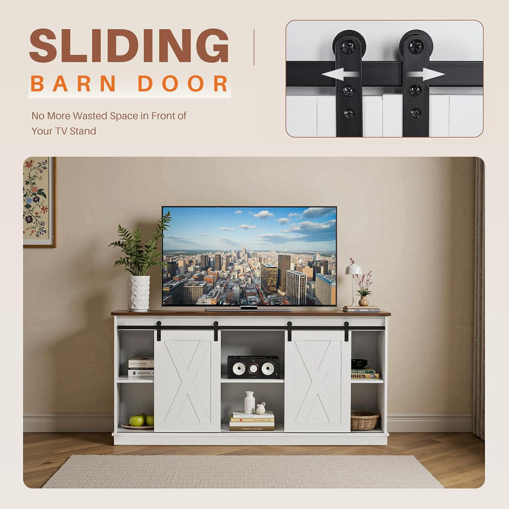 Sweetcrispy Farmhouse TV Stand 65 Inch for Living Room Bedroom White, Tall Entertainment Center with Storage Shelves, Media Console Cabinet with Wood Board, 300 LBS Capacity, and Sliding Barn Door