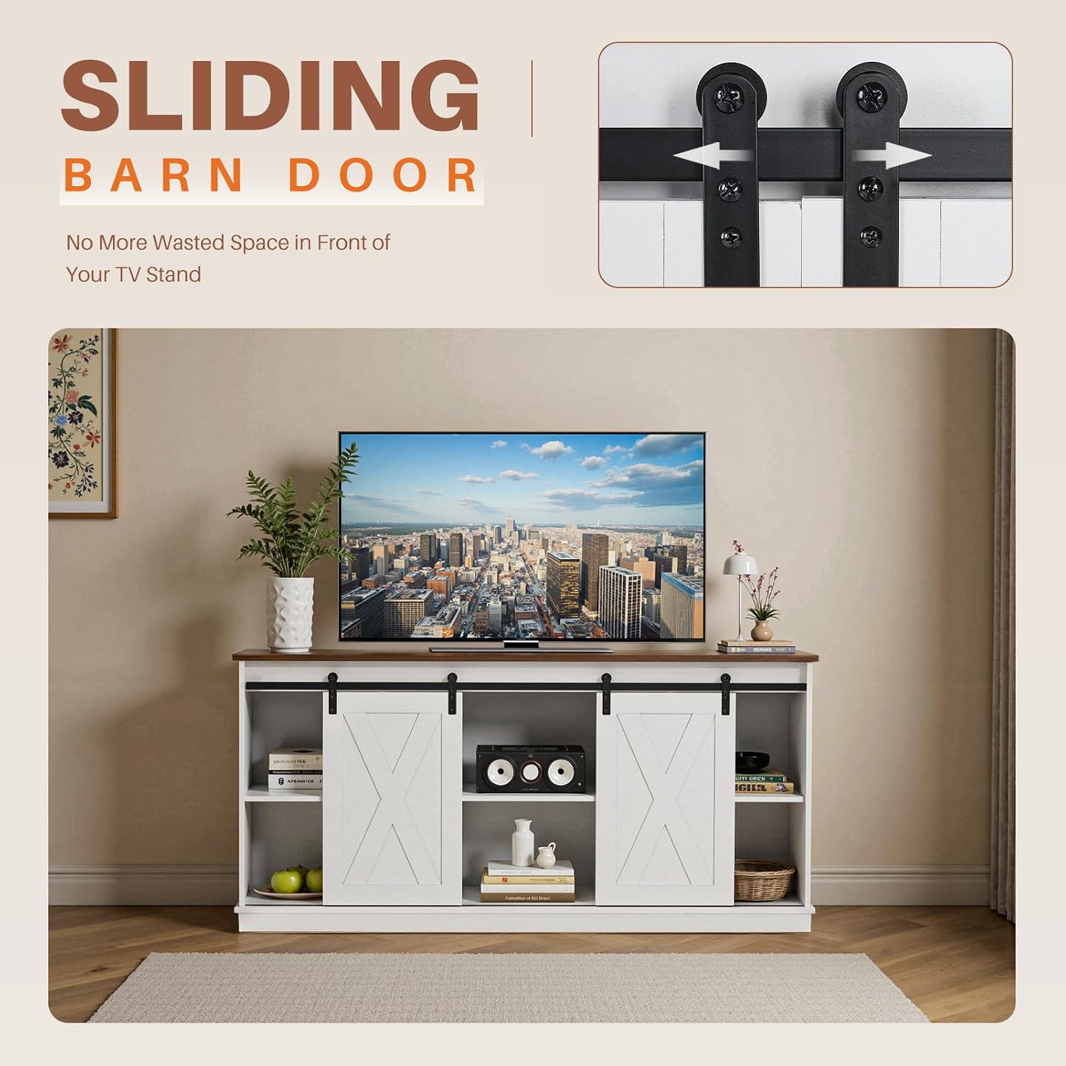 Sweetcrispy Farmhouse TV Stand 65 Inch for Living Room Bedroom White, Tall Entertainment Center with Storage Shelves, Media Console Cabinet with Wood Board, 300 LBS Capacity, and Sliding Barn Door