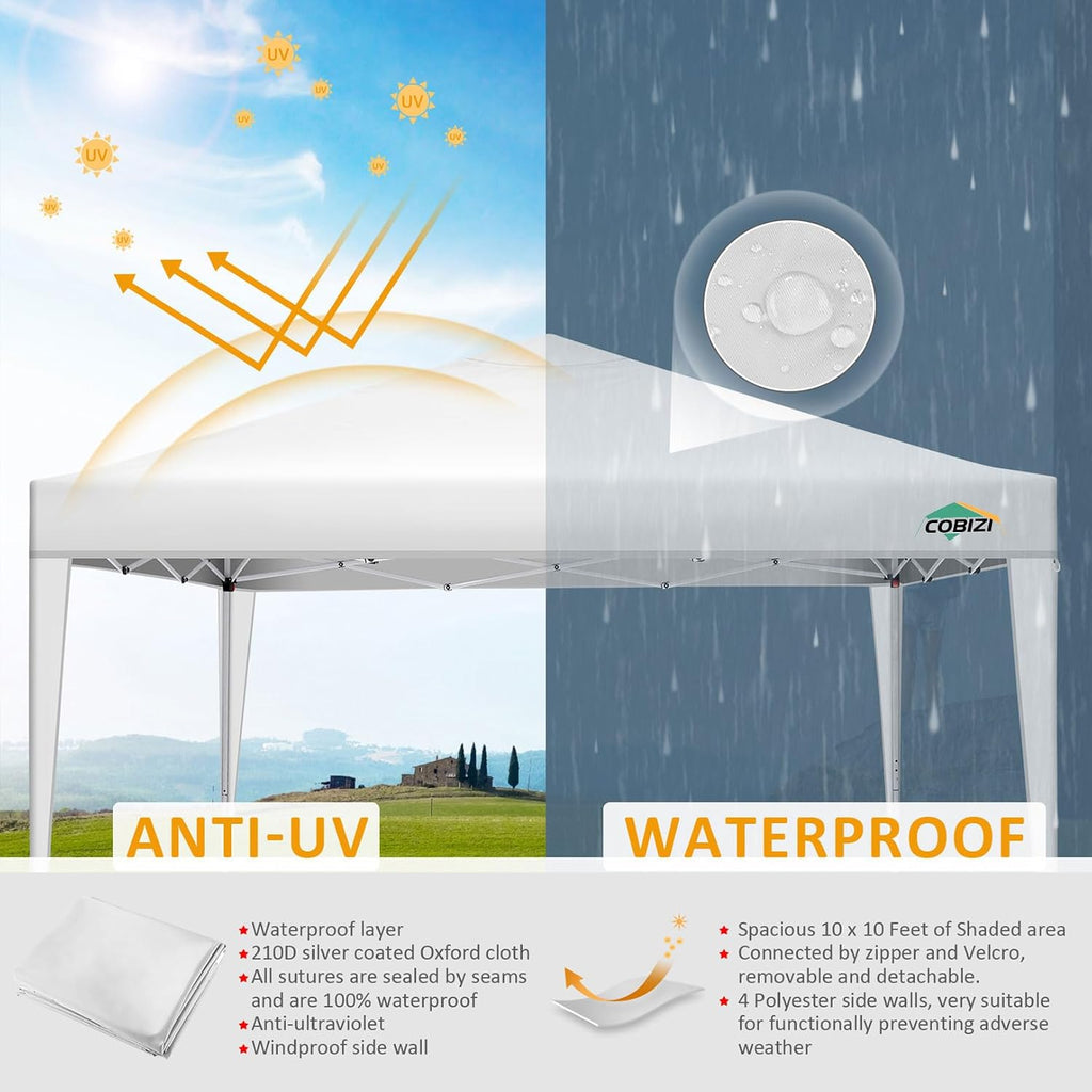 COBIZI 10x10 Pop Up Canopy Tent with 4 Sidewalls Party Tents for Parties Weddings Backyard Waterproof Commercial Instant Outdoor Events Tent with Stakes, Ropes（10 x 10 ft White