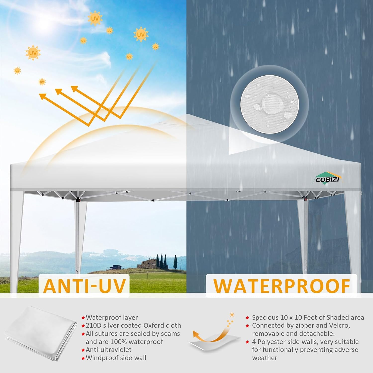 COBIZI 10x10 Pop Up Canopy Tent with 4 Sidewalls Party Tents for Parties Weddings Backyard Waterproof Commercial Instant Outdoor Events Tent with Stakes, Ropes（10 x 10 ft White