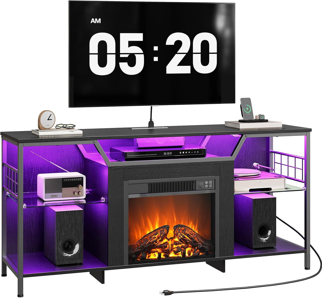 HOOBRO Fireplace TV Stand with LED Lights for TVs up to 65 Inch, Electric TV Stand with Fireplace with Charging Station, Entertainment Center with 18' Fireplace, Media TV Console, Black BB147UDDS01