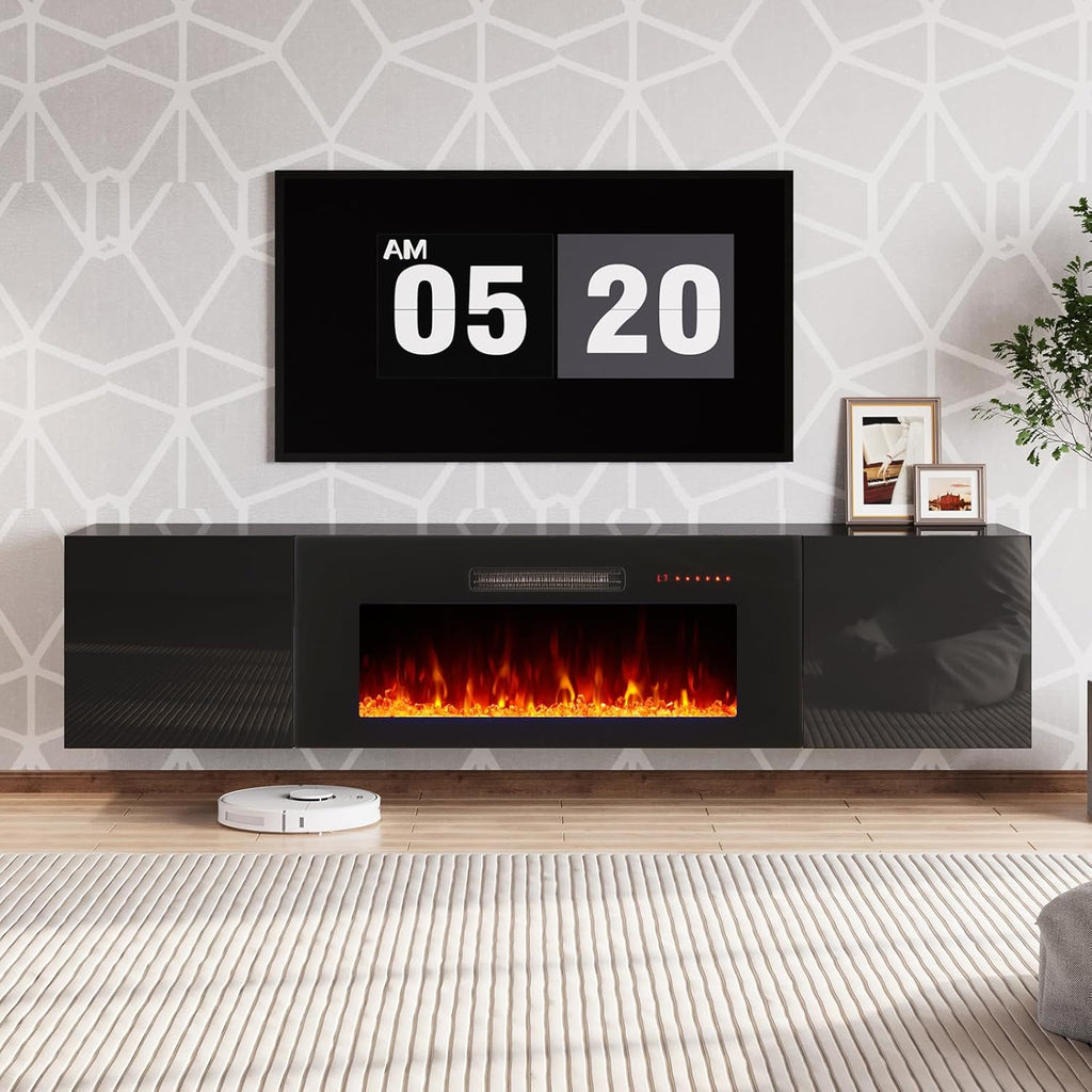 AMERLIFE Floating Fireplace TV Stand, Wall Mounted Mirrored Entertainment Center with 40' Electric Fireplace, Modern LED Lights Media Console for TVs Up to 90', Black