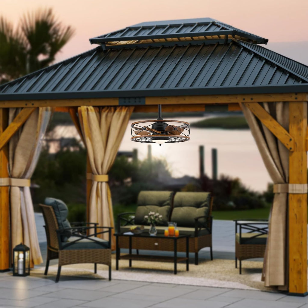 TIFEROR Outdoor Ceiling Fans with Lights and Remote for Patios, 20'' Wet Rated Gazebo Ceiling Fan, Plug in with 3 Color LED Light, Hanging with Hook, Lighting for Pergola Canopy