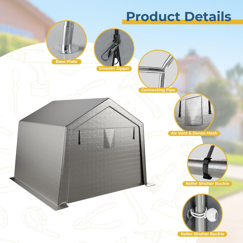 LINKHOO 10 x 10 FT Carport, Portable Shed w/220G Heavy Duty Waterproof PE Tarp, Roll-up Zipper Door & Vent, Weather-Resistant Storage Shed for Motorcycle, Bike and Tools, Gray
