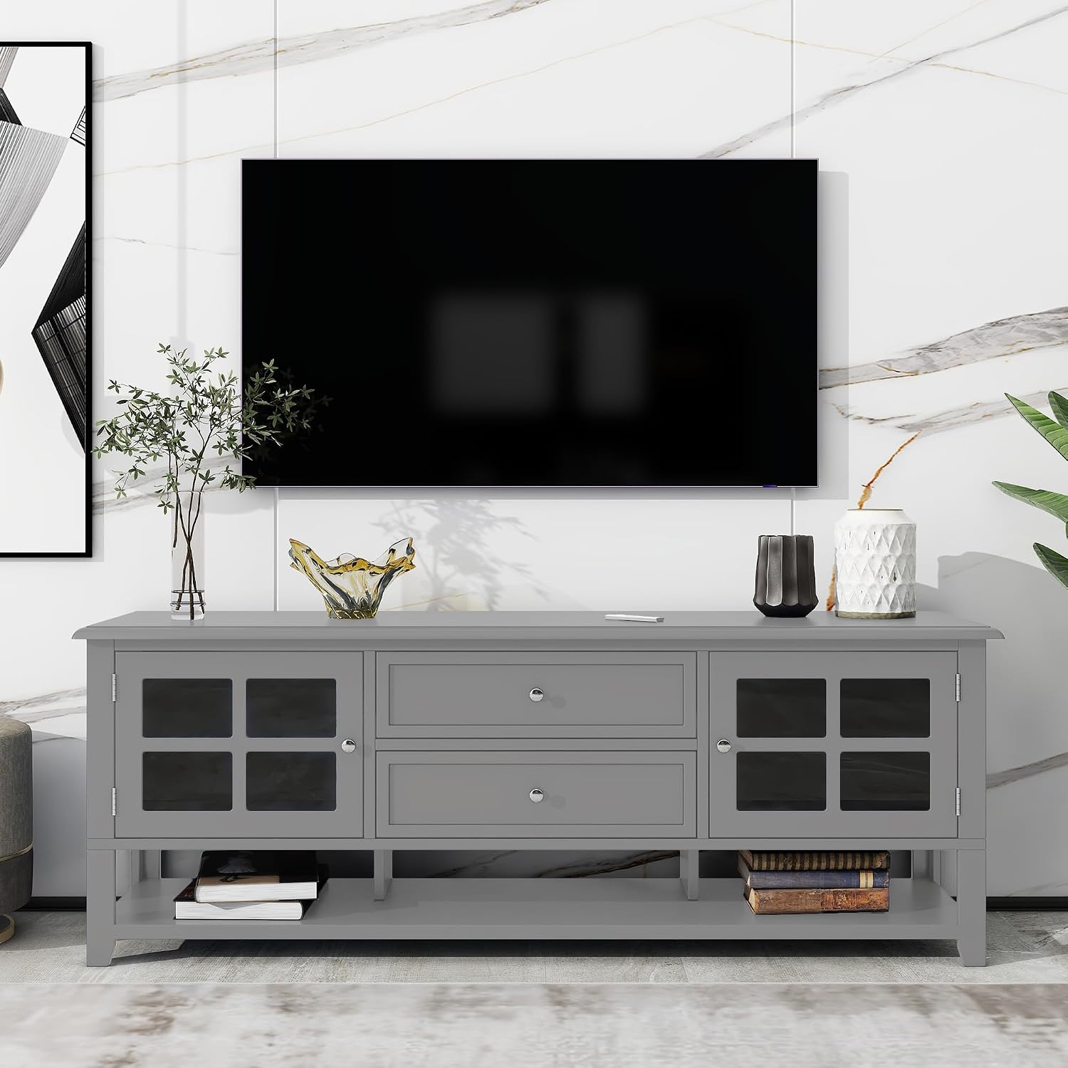 Merax Farmhouse TV Stand for TVs up to 60', Cottage Wood Entertainment Center with Window Pane Glass Door Storage Cabinet, 2 Drawers & Open Shelf, TV Console Table for Living Room Bedroom