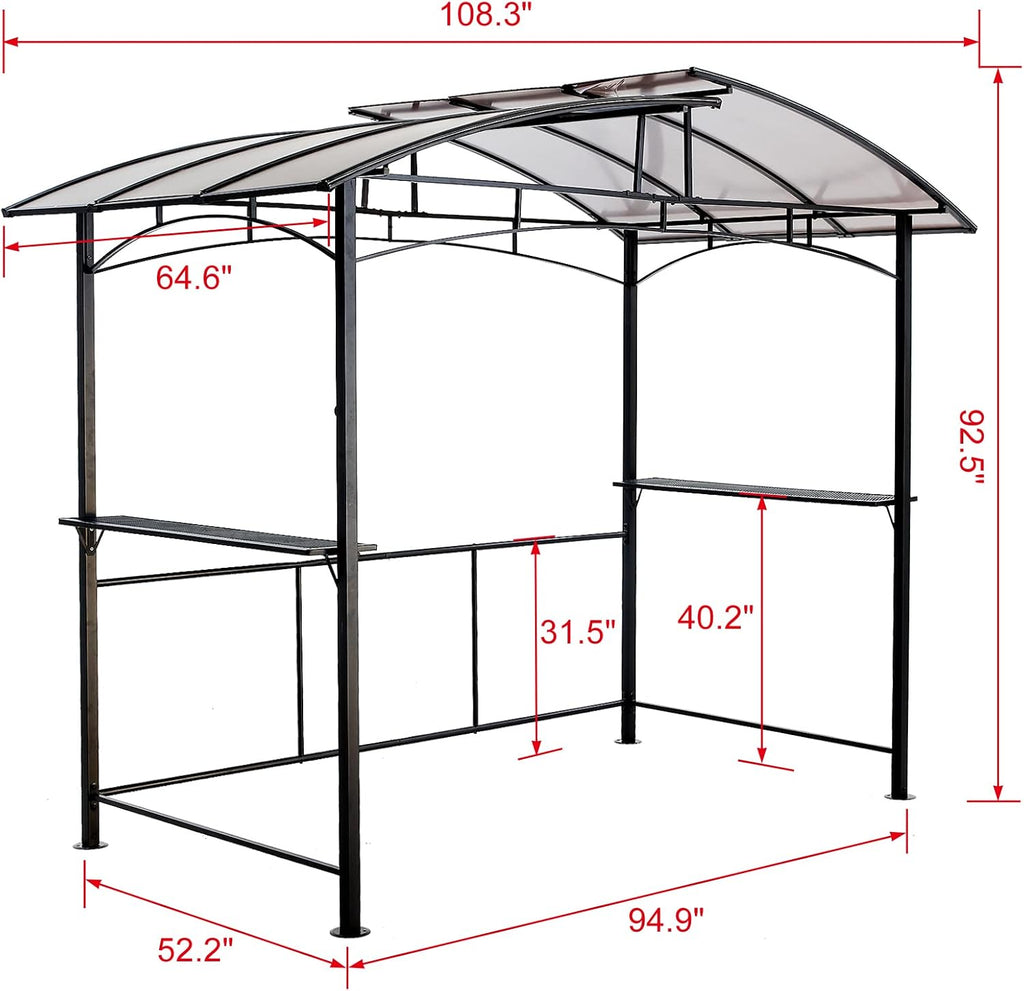 8'x5' Hardtop Grill Gazebo, Outdoor BBQ Gazebo with Interlaced Vented Polycarbonate Roof, Permanent Hard Top Gazebos with Two Shelves, Steel Barbeque Grill Canopy for Patio, Deck, Backyard and Garden