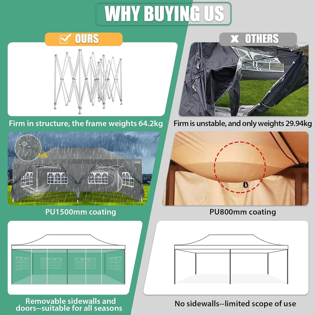 COBIZI 13x26 Heavy Duty Pop Up Canopy with 6 Sidewalls Party Tent Outdoor Wedding Large Event Tent with Roller Bag for Garden Lawn Waterproof UPF 50+ Easy Up, Gray (Framework Upgraded)