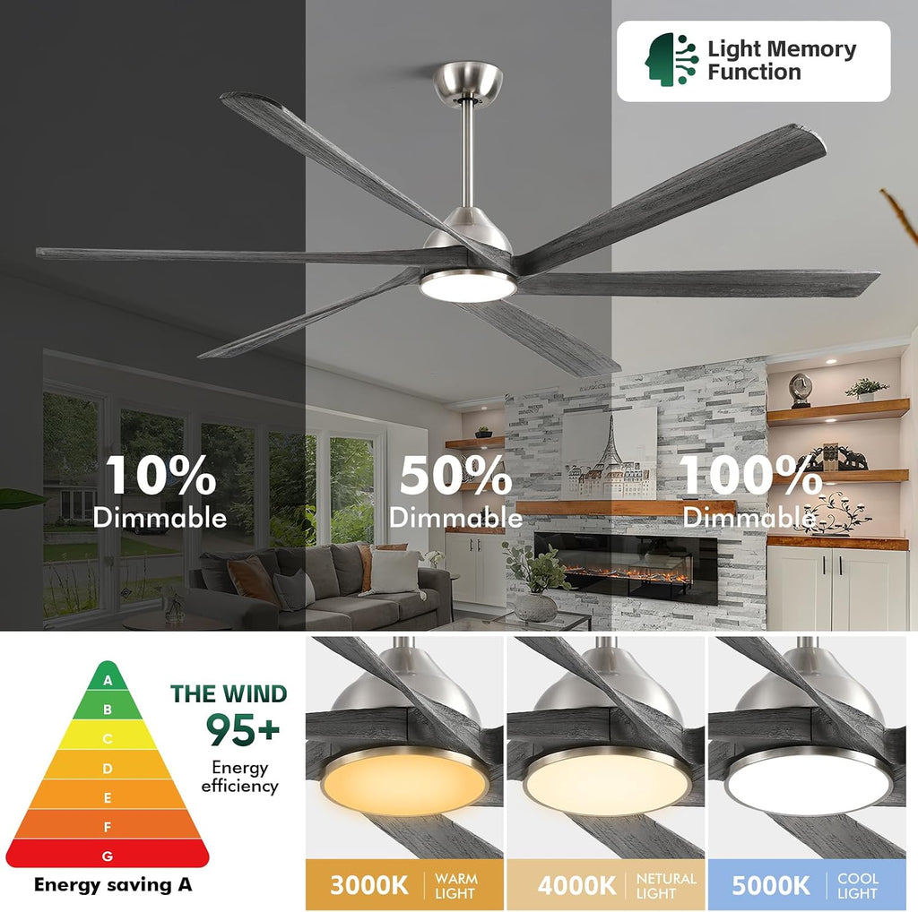 72 Inch Outdoor Smart Ceiling Fan with Light, Alexa App Remote Control, 6 Solid Wood Propeller Blade, High CFM Quiet Reversible DC Motor, Modern Farmhouse for Indoor Living Room Exterior Patio