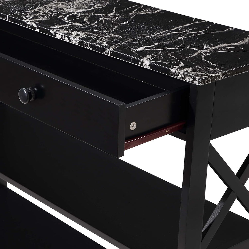 Convenience Concepts Oxford 1 Drawer Console Table with Shelves, Black Faux Marble/Black