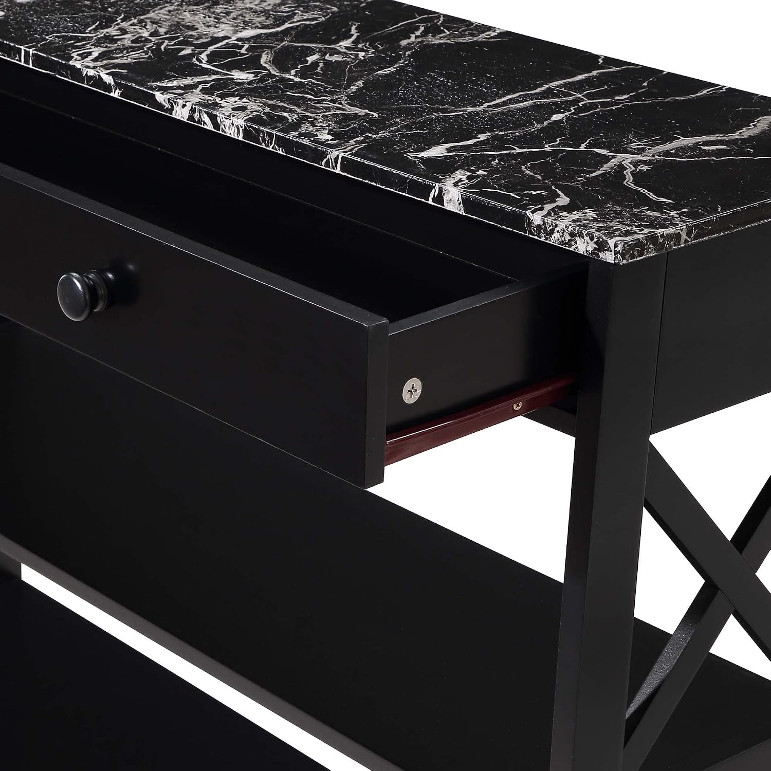 Convenience Concepts Oxford 1 Drawer Console Table with Shelves, Black Faux Marble/Black