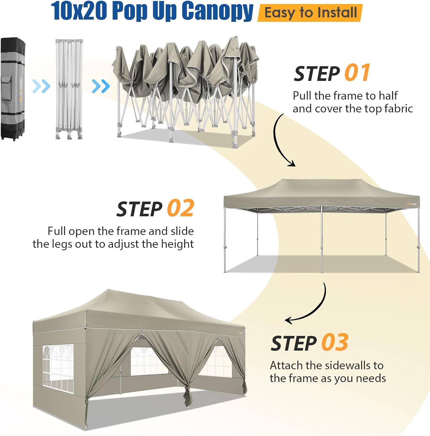 HOTEEL 10x20 Pop up Canopy Tent for Parties, Heavy Duty Easy Setup Tent with 6 Sidewalls, Outdoor Commercial Instant Gazebo for Wedding Event, with Roller Bag & Sand Bags, Khaki(Hexagonal Frame)