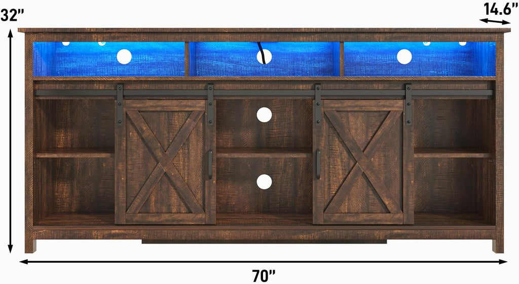 LED Farmhouse TV Stand for 80/75 inch TVs, Rustic Entertainment Center Cabinet with Power Outlets, Brown