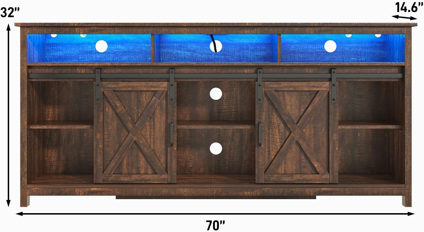 LED Farmhouse TV Stand for 80/75 inch TVs, Rustic Entertainment Center Cabinet with Power Outlets, Brown