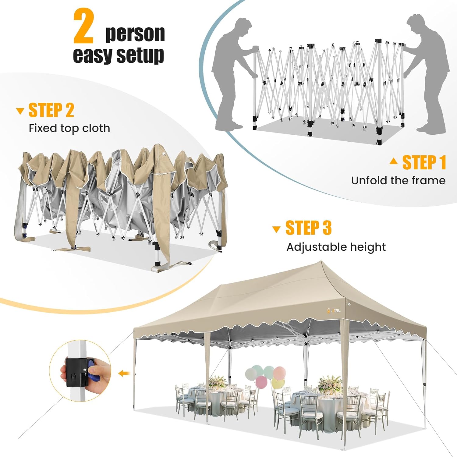 HOTEEL 10×20 Pop Up Canopy, Canopy Tent UV 50+ and Waterproof, Thickened Frame, Large Space Easy Pop Up Canopy, Outdoor Canopy for Weddings, Beaches, Parties, Patio (Khaki)