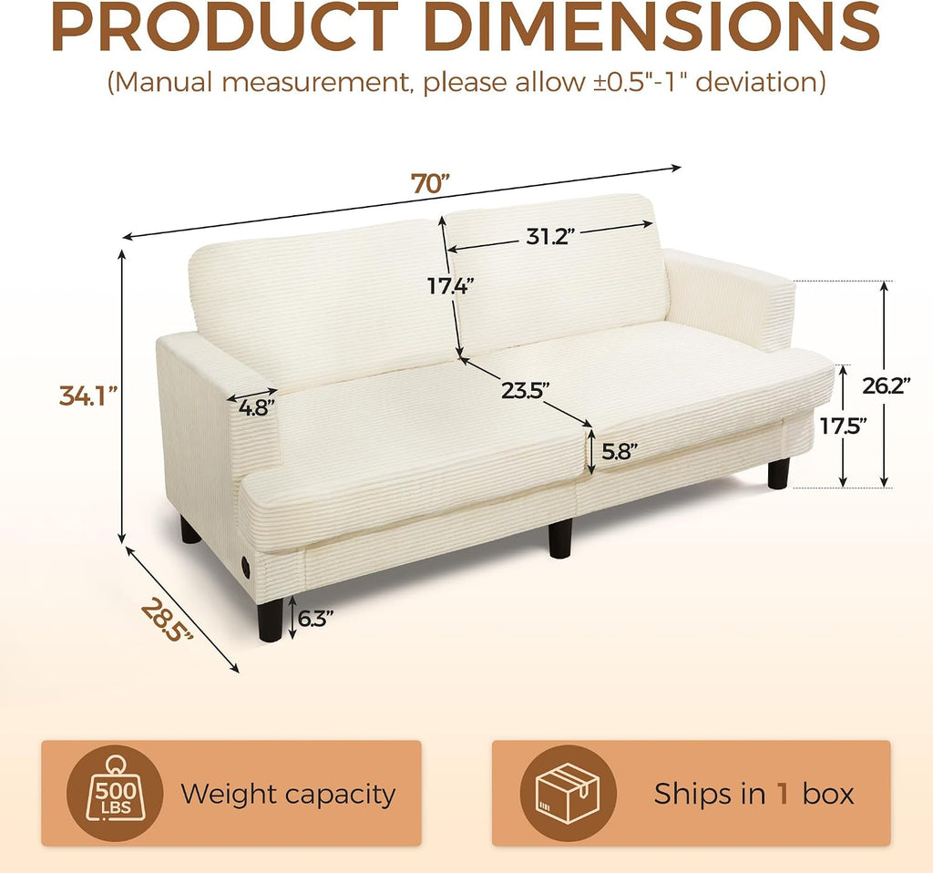 MAKIAAP 70' Loveseat Sofa for Living Room, Comfy Corduroy Couch with USB & Type-C Ports, Modern 2-Seater Deep Seat Small Couch for Bedroom, Apartment, Office – Soft Cushions & Sturdy Frame (Beige)