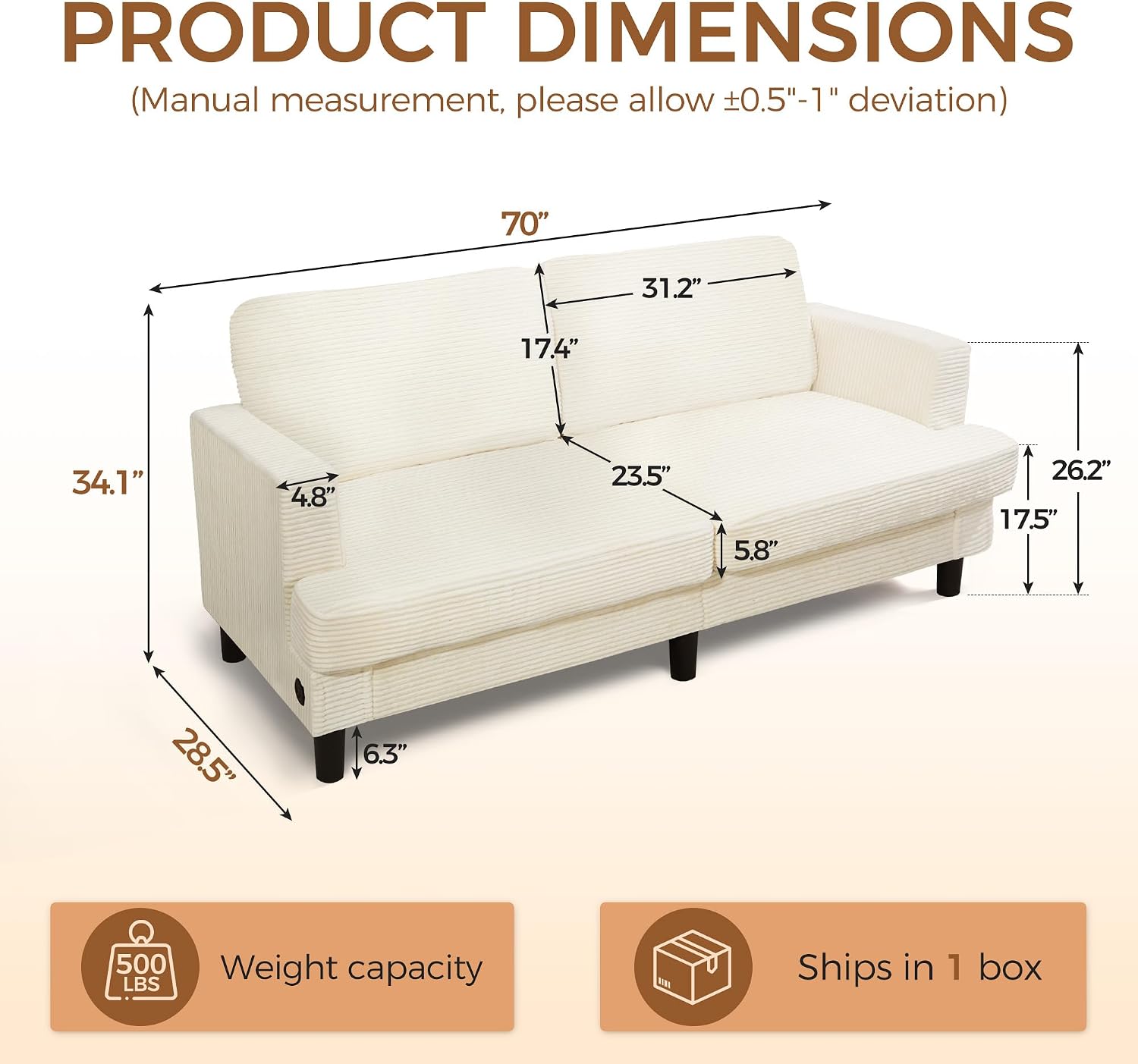 MAKIAAP 70' Loveseat Sofa for Living Room, Comfy Corduroy Couch with USB & Type-C Ports, Modern 2-Seater Deep Seat Small Couch for Bedroom, Apartment, Office – Soft Cushions & Sturdy Frame (Beige)