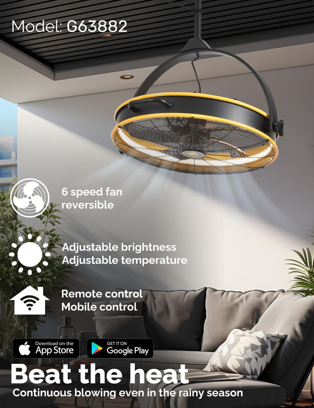 Orison 24.8'' Outdoor Ceiling Fan, 6 Speed Ceiling Mounted Plug-In Cord Garage Fan with Remote&APP, 360-degree Manual Vertical Rotation, Hook up, Gazebo, Patio, Pergola (5 blades- Yellow&Black)