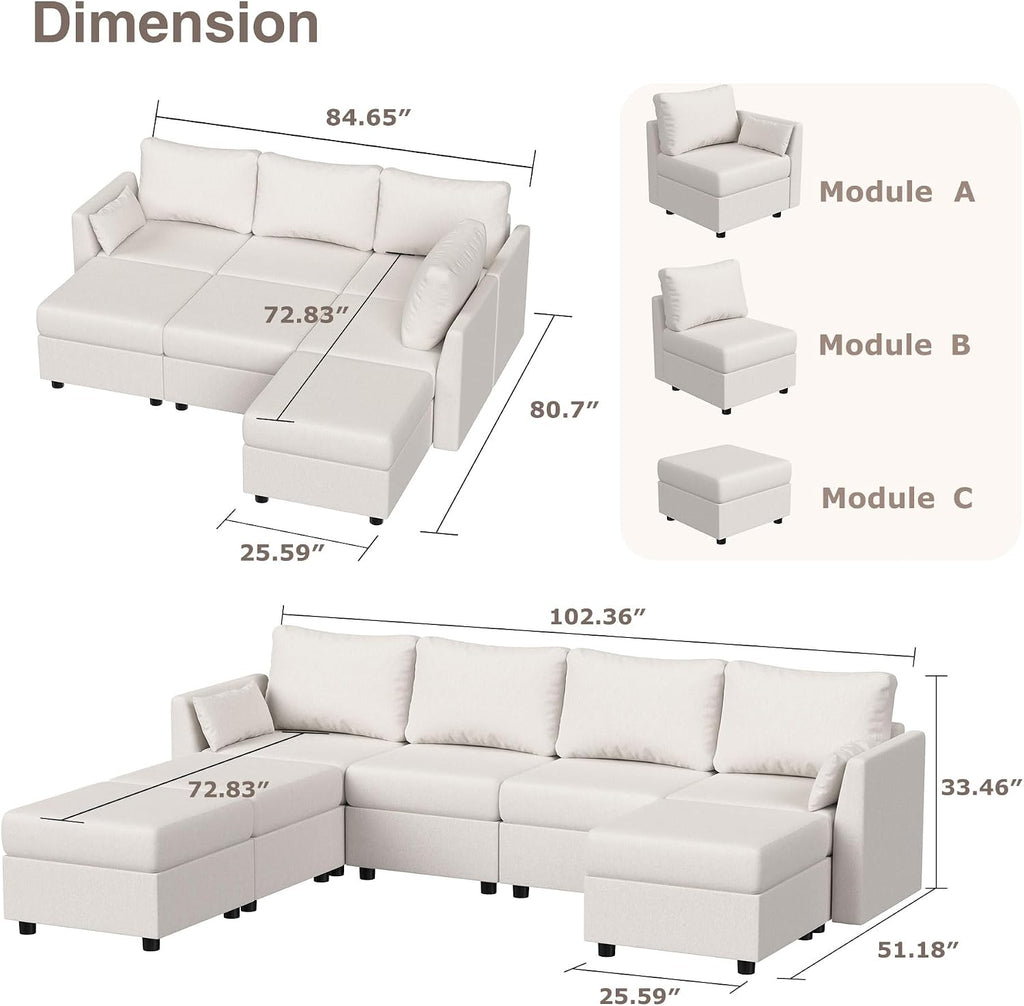 Modular Sectional Sofa, 7 Seat Sectional Couches with Storage, Memory Foam, Convertible Modular Couch for Living Room, L Shaped Comfy Modular Sofa with Chaise, Beige
