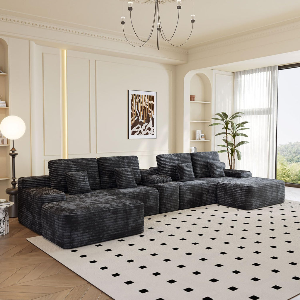 KEIKI 150' U-Shaped Oversized Corduroy Modular Sectional Sofa with 2 Ottomans and Multi Functional Console, 6-Seater Upholstered Couch with USB and 2 Cup Holder, Easy Assembly, for Living Room, Black