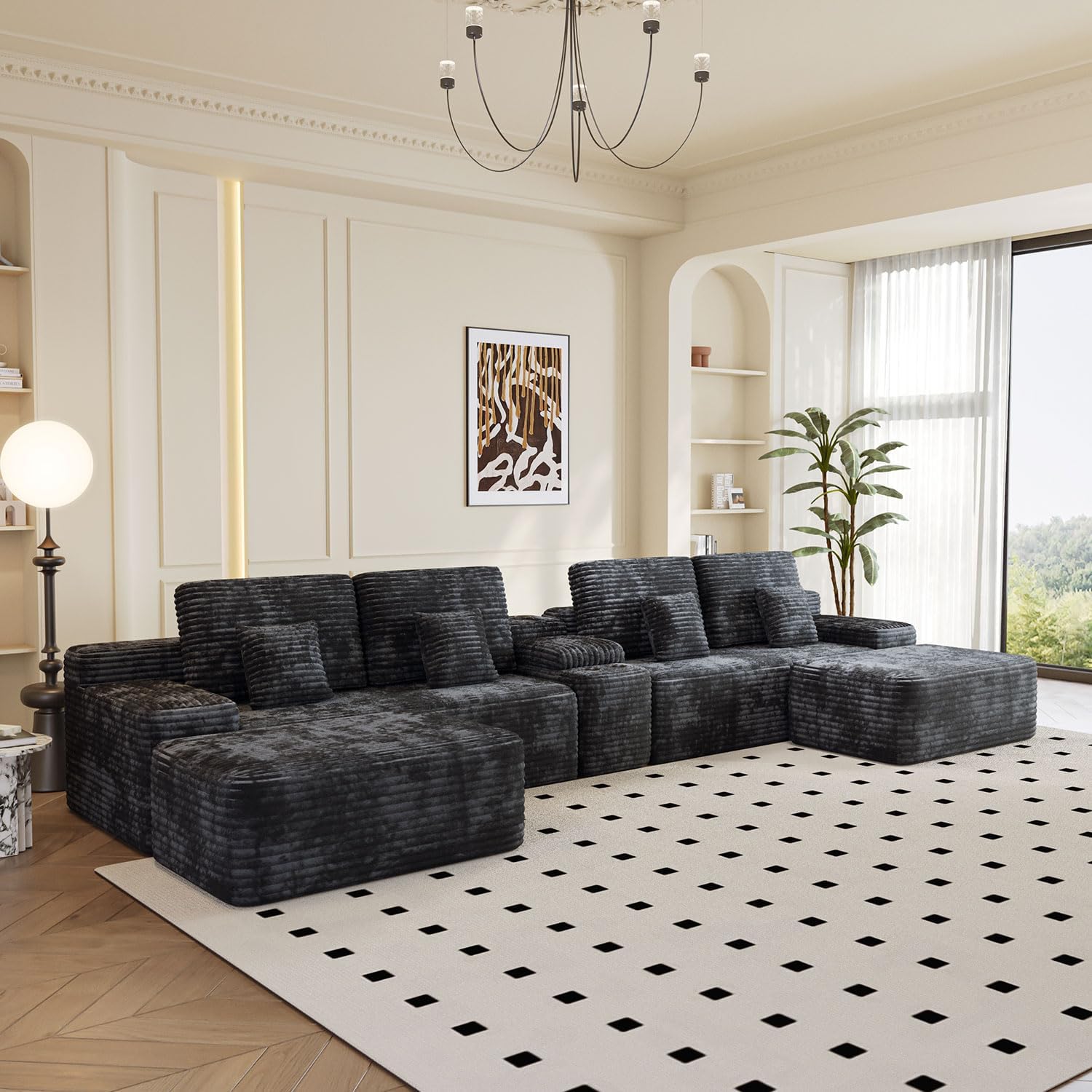 KEIKI 150' U-Shaped Oversized Corduroy Modular Sectional Sofa with 2 Ottomans and Multi Functional Console, 6-Seater Upholstered Couch with USB and 2 Cup Holder, Easy Assembly, for Living Room, Black