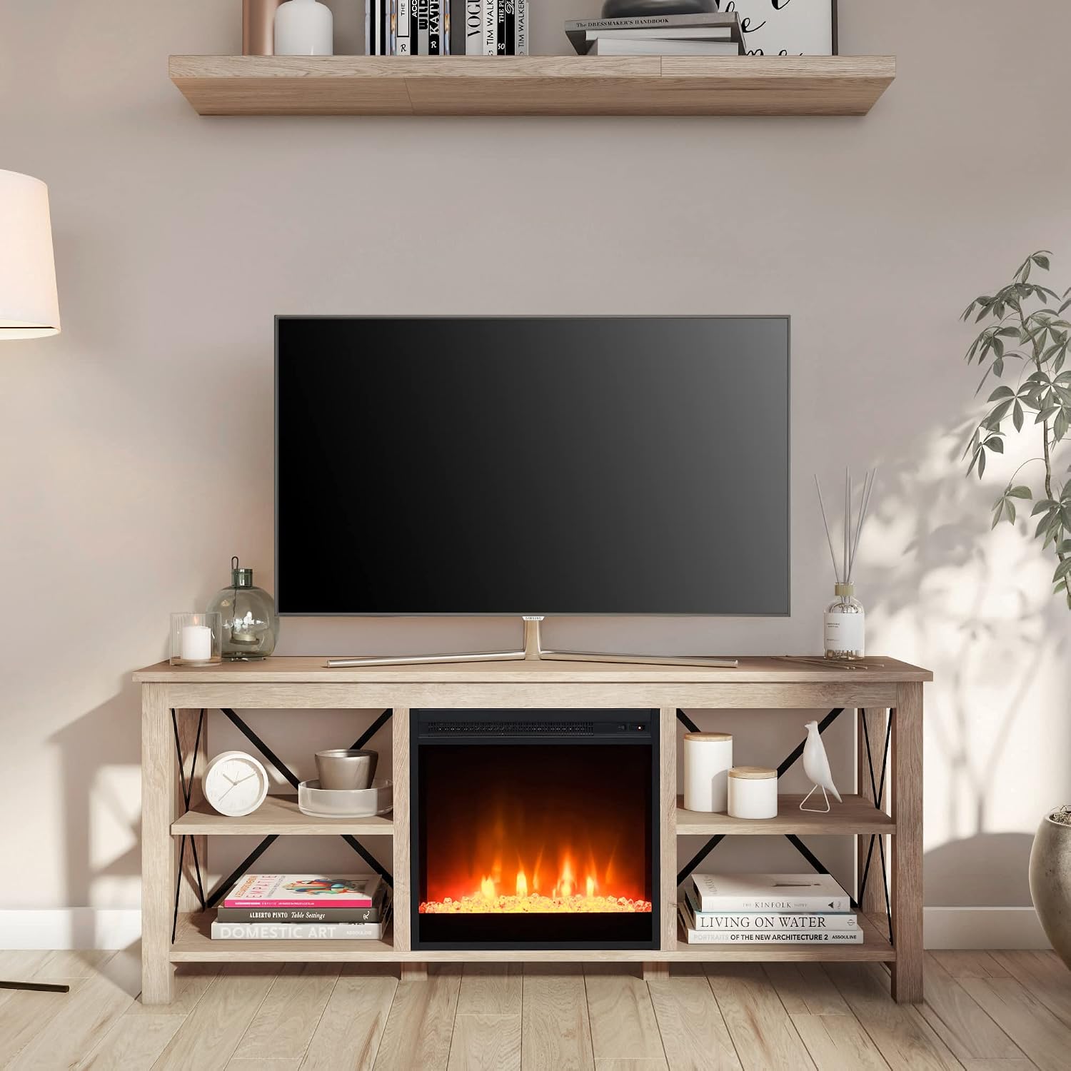 Henn&Hart Rectangular TV Stand with Crystal Fireplace for TV's up to 65' in White Oak, Electric Fireplace TV Stands for the Living Room