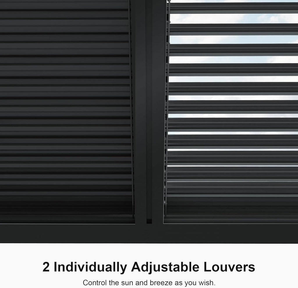 PURPLE LEAF Louvered Pergola 94AS 11' x 13' Outdoor Aluminum Pergola with Shade Screen Adjustable Roof for Deck Backyard Grey Hardtop Gazebo, 1 Long Side and 2 Short Sides