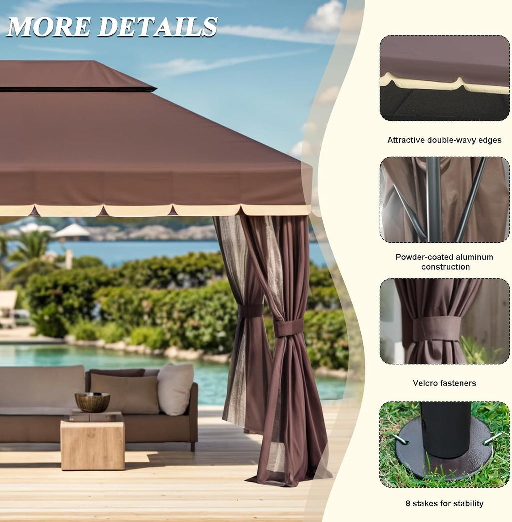 10x13 Gazebo for Patio, Outdoor Gazebo with Mosquito Netting & Curtains, Double Tier Roof Round Leg Marquee Canopy Shelter for Garden, Deck, Backyard, Lawn (D/DCO)