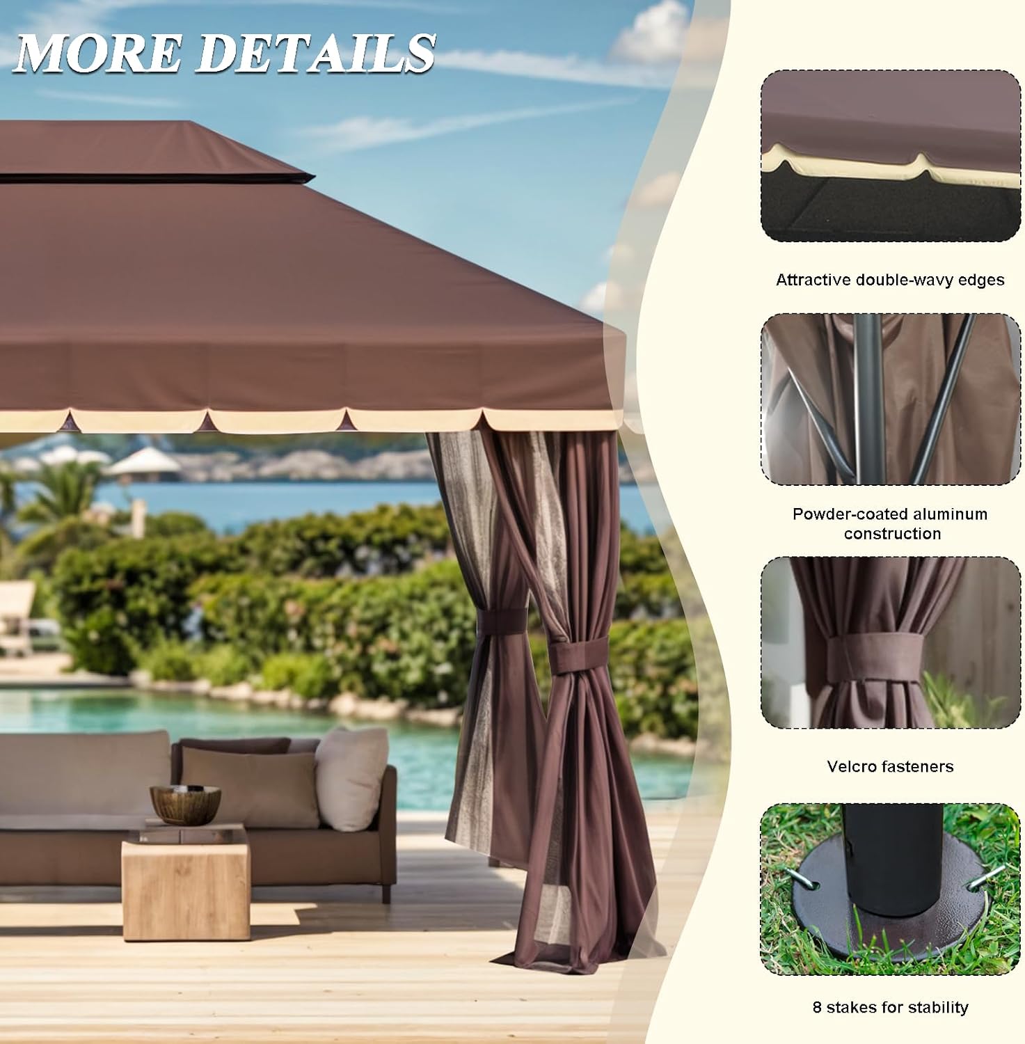 10x13 Gazebo for Patio, Outdoor Gazebo with Mosquito Netting & Curtains, Double Tier Roof Round Leg Marquee Canopy Shelter for Garden, Deck, Backyard, Lawn (D/DCO)