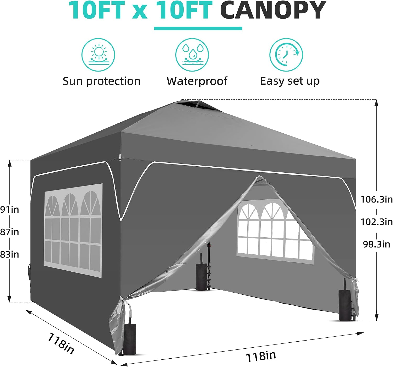 10x10 Pop Up Canopy Tent with One Push Setup, Portable Sun Shade Tent, Instant Easy Up Canopy with 4-Sidewalls & Hand Bag, Outdoor Fldable Gazebo with Vent Top, Grey.