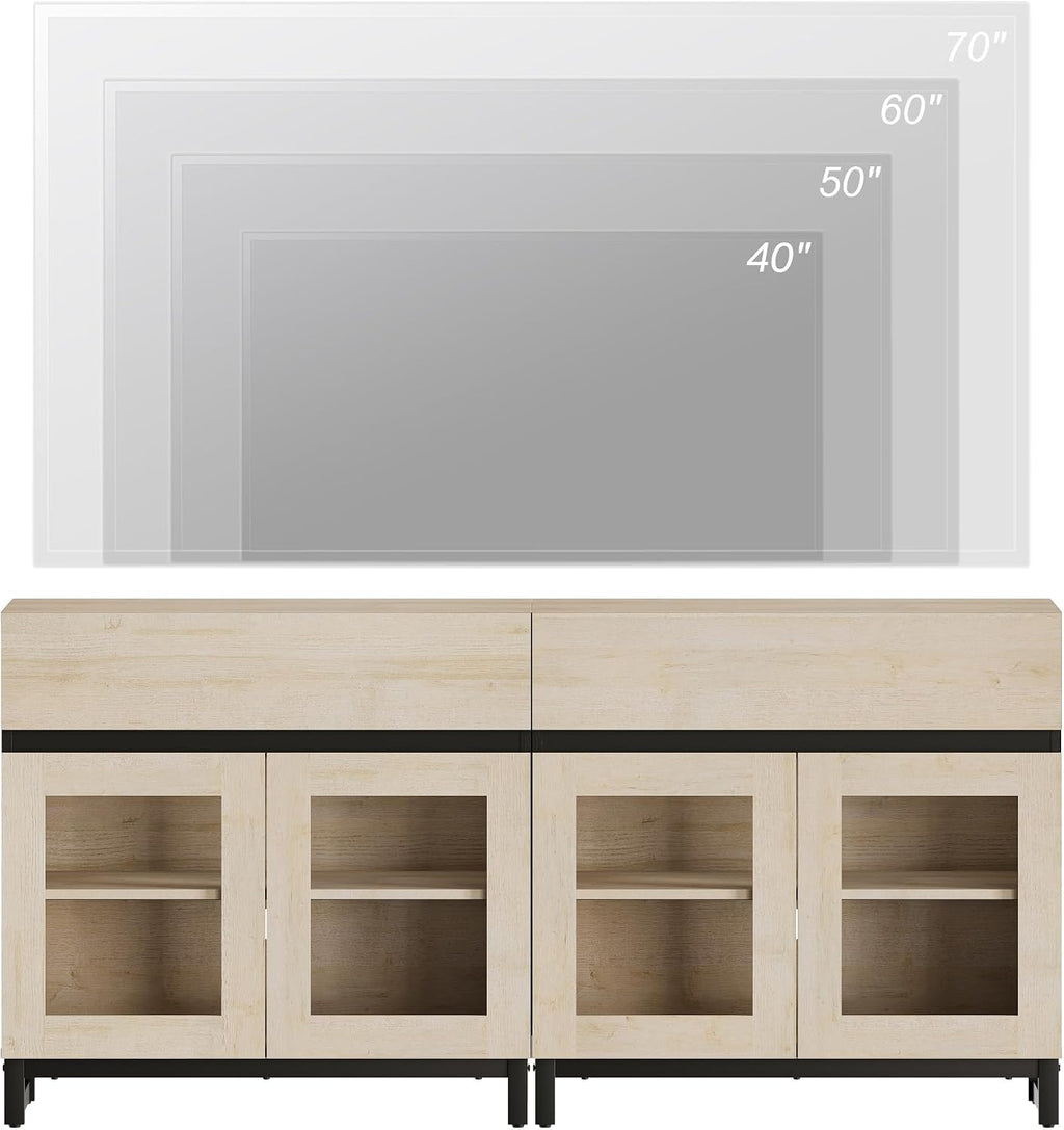 WAMPAT Modern TV Stand with Glass Doors for 40-70 inch TVs, 2 in 1 Entertainment Center Console with 2 Drawers and Metal Base for Living Room, Bedroom, Beige