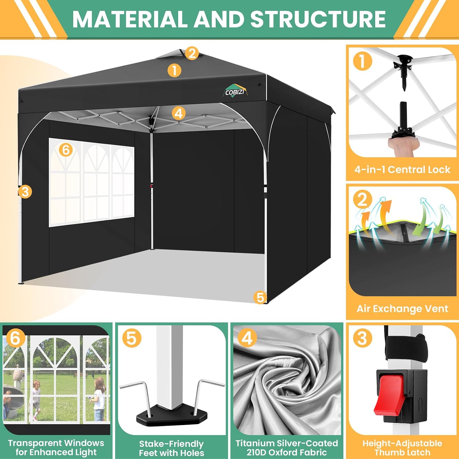 COBIZI 10x10 Pop Up Canopy Tent, Outdoor Party Tent with 3 Sidewalls, 1 Person Easy Set up, Tents for Parties with Fluorescent Strip & 4 Sandbags, Waterproof UPF50+, 3 Adjustable Height, Black