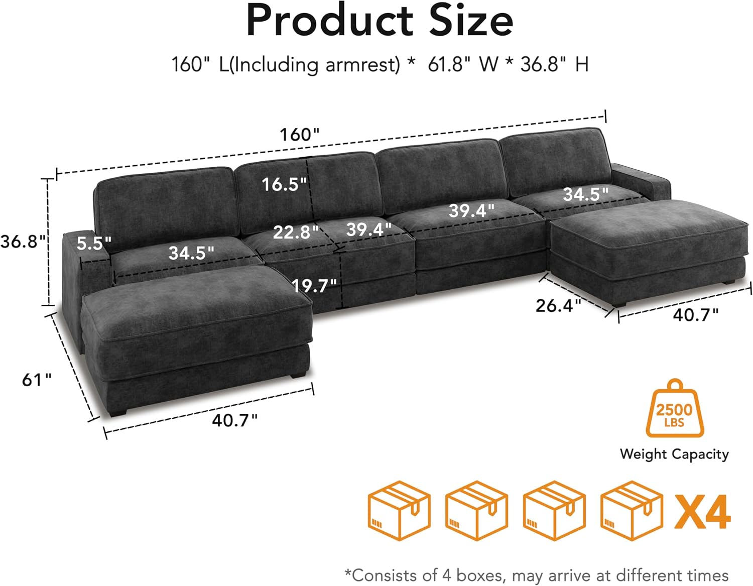 Vipbear 160' Oversized Modular Sectional Sofa, U Shaped Couch Set with 2 Pillows, 6 Seat Comfy Cloud Couches with 2 Movable Ottomans for Living Room, Bedroom and Apartment, Chenille Dark Grey
