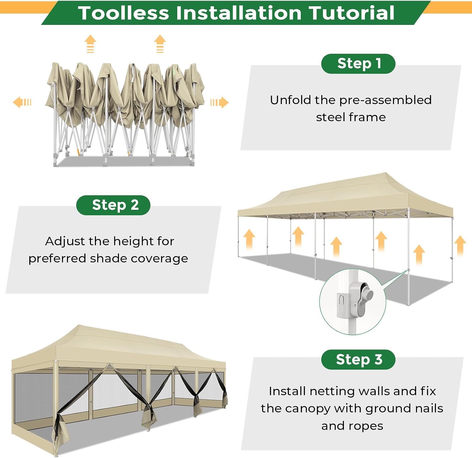 COBIZI 10x30 Heavy Duty Pop Up Canopy Tent with 8 Sidewalls, Easy Set Up Outdoor Waterproof Screen Commercial Party Tent with Mosquito Netting for Parties Backyard Patio, Roller Bag, Khaki