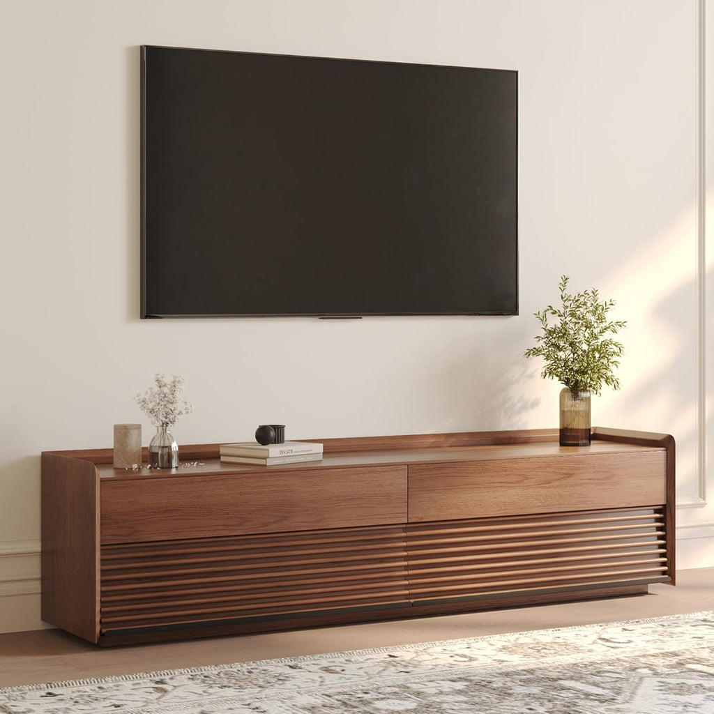POVISON Fully-Assembled Mid Century Modern TV Stand, 70.87' Wood Media Console with Adjustable LED Light, Entertainment Center with Storage for Living Room