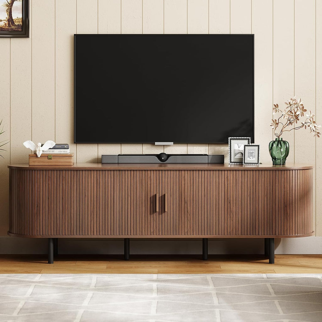 ONBRILL 70.8' TV Stand with Power Outlet for TVs up to 75 Inch, Entertainment Center with Storage and Adjustable Shelves, Modern Media Console with Sliding Doors for Living Room, Walnut