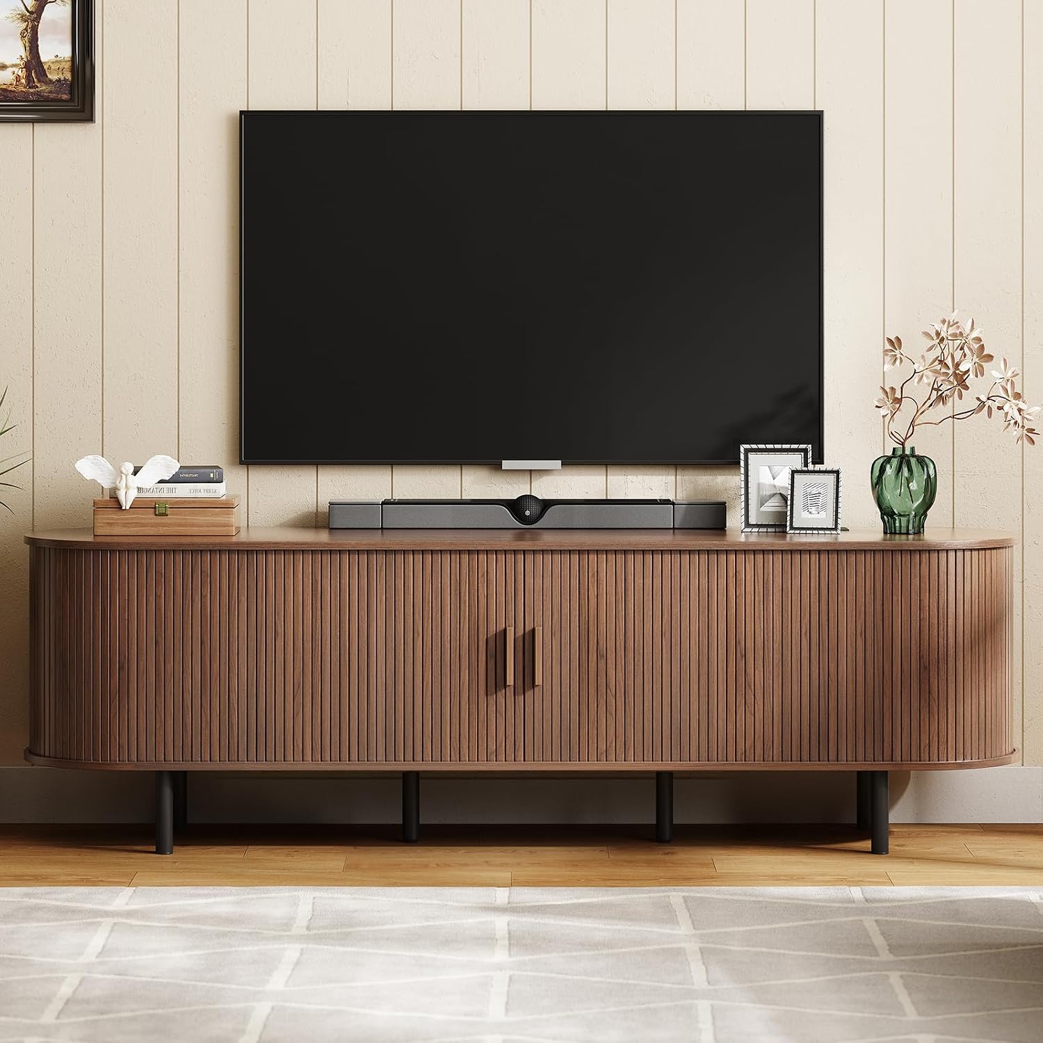ONBRILL 70.8' TV Stand with Power Outlet for TVs up to 75 Inch, Entertainment Center with Storage and Adjustable Shelves, Modern Media Console with Sliding Doors for Living Room, Walnut